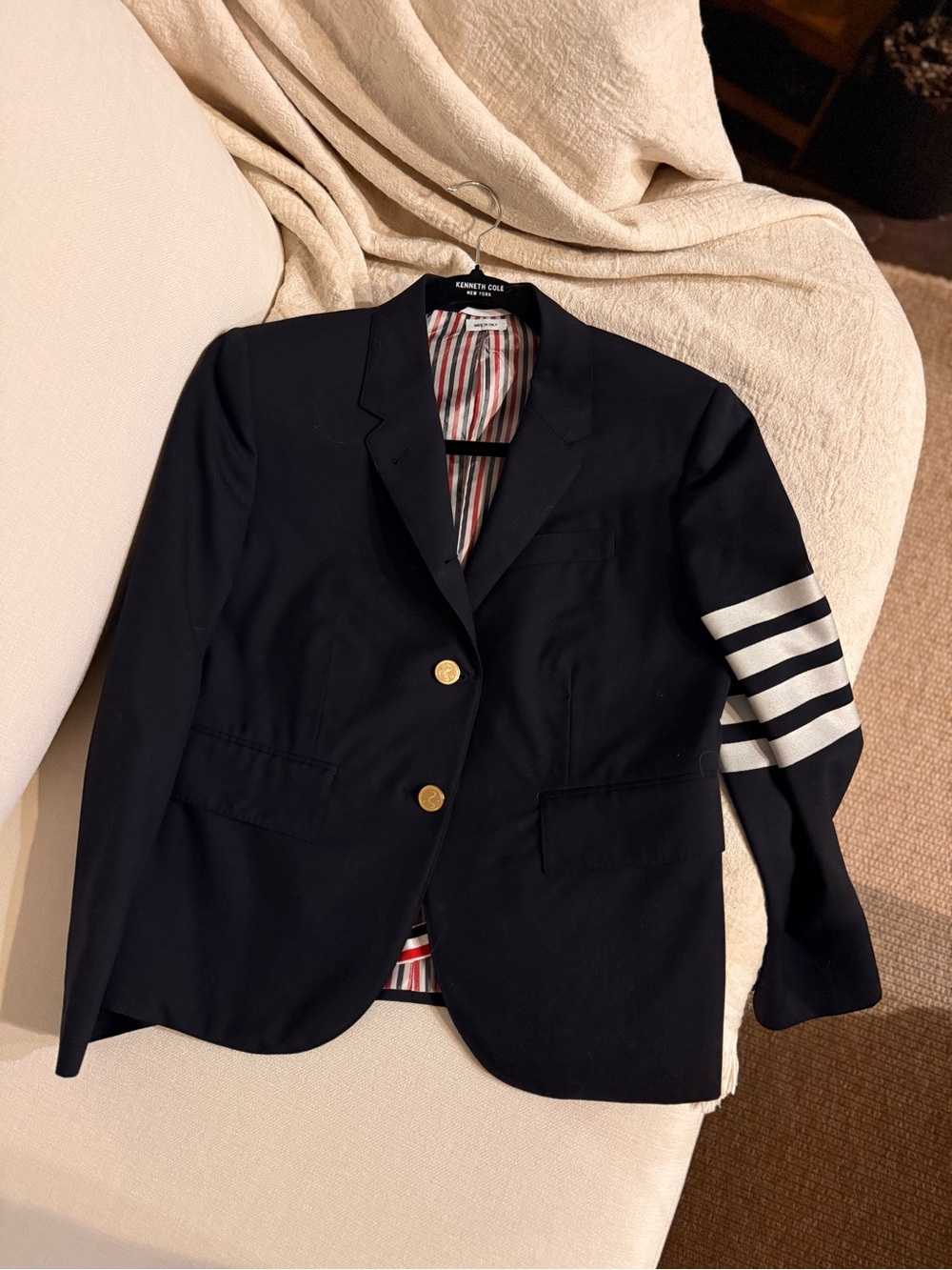 Thom Browne Navy Wool Blazer with White Sleeve Stripes